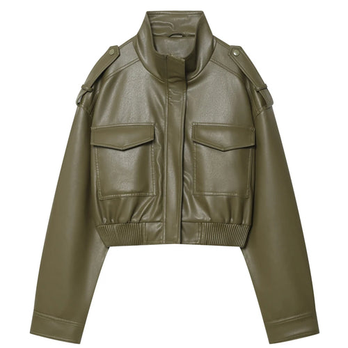 Women's Jacket Faux Leather Jacket Green Women's Demi-Season Jacket
