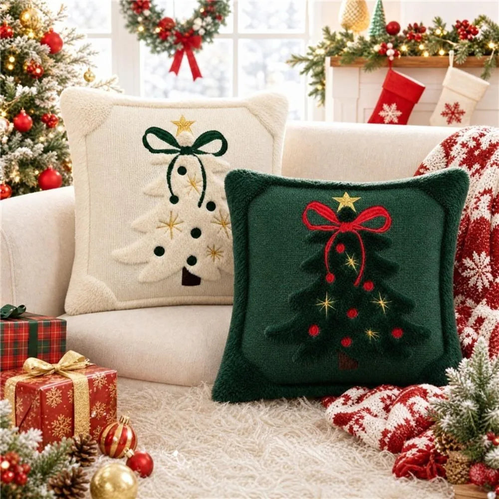 Christmas Tree Cushion Covers with 3D Embroidered Bow & Star, Soft Plush Velvet-Style Pillowcases, Festive Holiday Throw Pillow Covers for Sofa, Bed & Home Decor