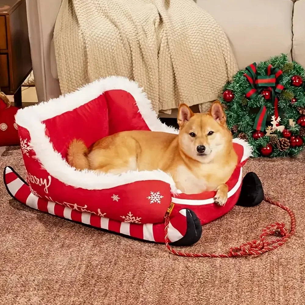 Christmas Pet Bed, Removable Washable Plush Dog & Cat Nest with Non-Slip Base, Cozy Winter Sleigh-Style Pet Sofa for Indoor Home, Bedroom & Balcony