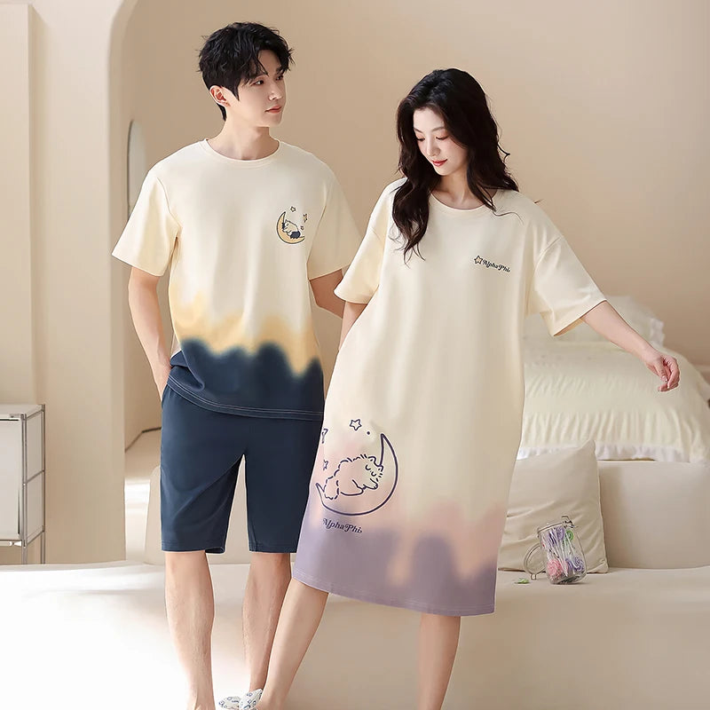 Newest Couple Pajamas Set Summer Short Sleeve Sleepwear 100% Cotton Men and Women Cute Cartoon Pijamas Women Nightgown