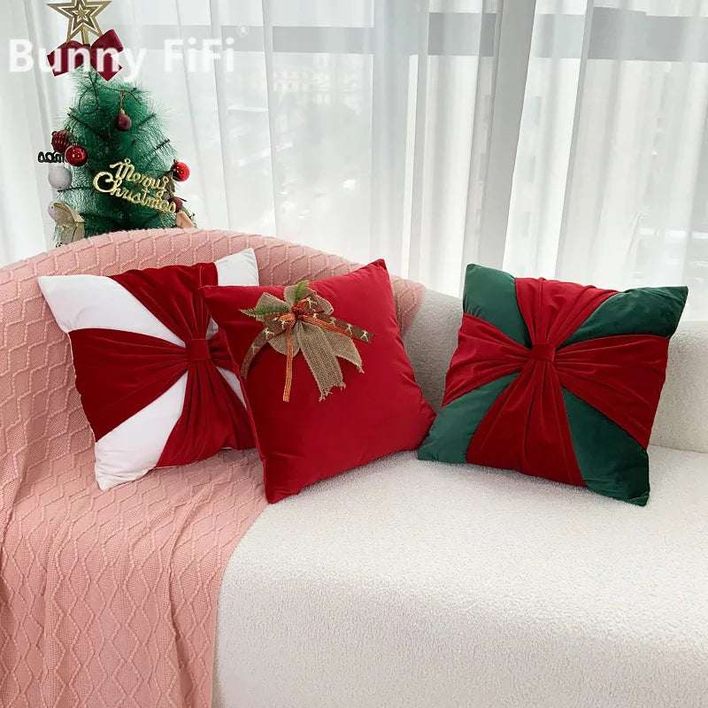 Christmas Red & Green 3D Bow Cushion Cover, Velvet-Style Xmas Decorative Throw Pillow Case, Festive Winter Holiday Pillowcase for Sofa, Bed, Chair & Home Decor