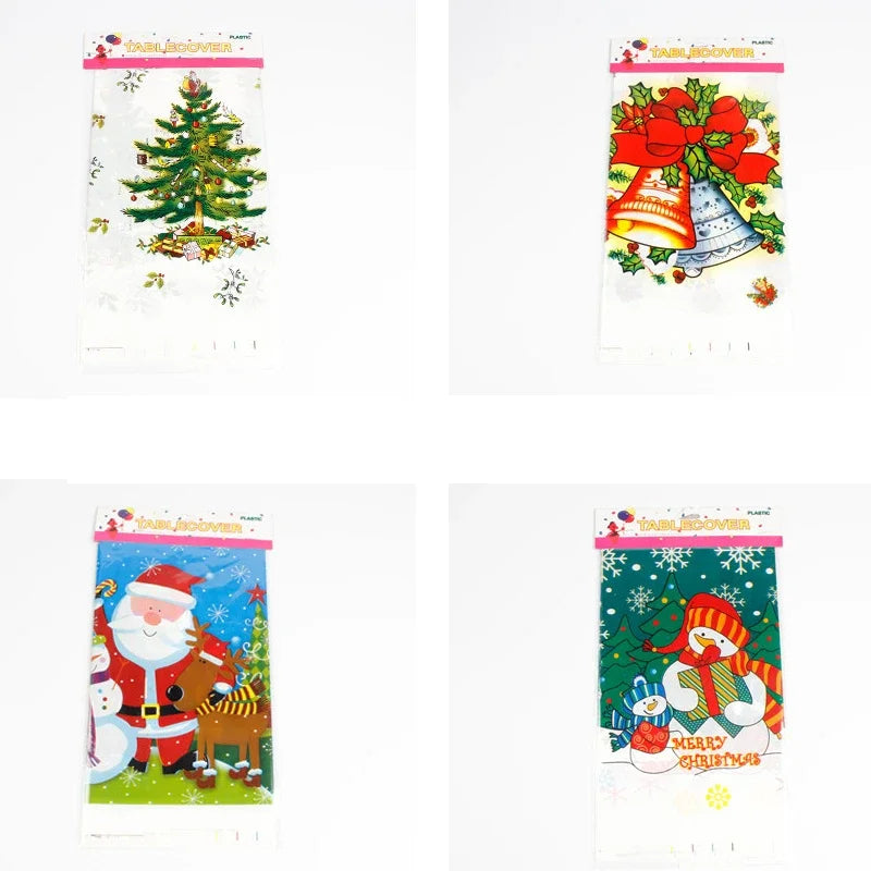 Christmas Rectangular Tablecloth 110×180cm, Disposable PVC Table Cover with Santa, Snowman & Christmas Tree Print, Festive New Year Party Dining Decor for Home & Events