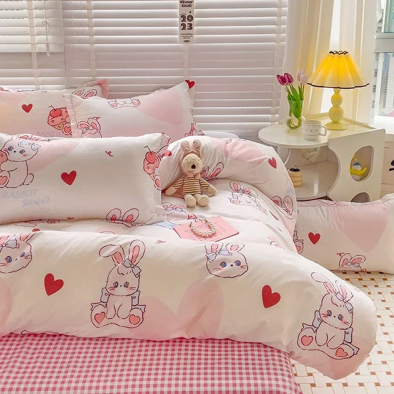 Cute Bunny Kids Bedding Set – Cartoon Printed Polyester Duvet Cover, Flat Sheet & Pillowcases, Breathable Queen & King Bed Set