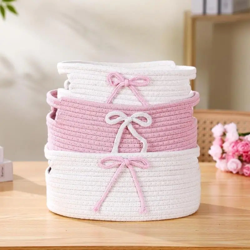 Set Of 3 Hand Handwoven Cotton Bowknot Decorated Storage Baskets Nesting Organizers For Home Bedroom Kids Room KXRE