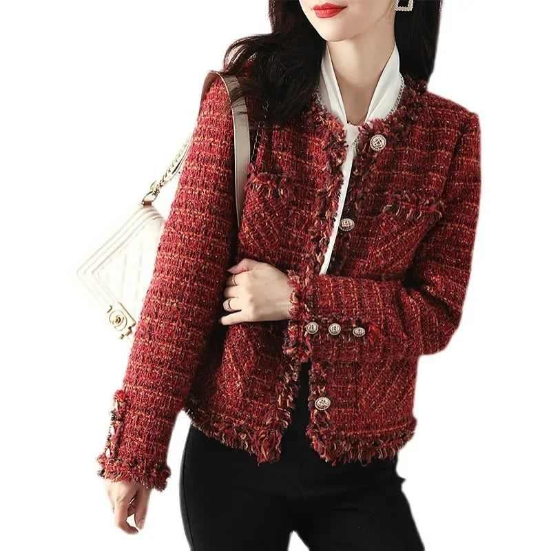 New Autumn Winter Vintage Tweed Jacket Women Small Fragrance Coat Korean Wool Blend Coat Elegant Female Outerwear Mother Clothes