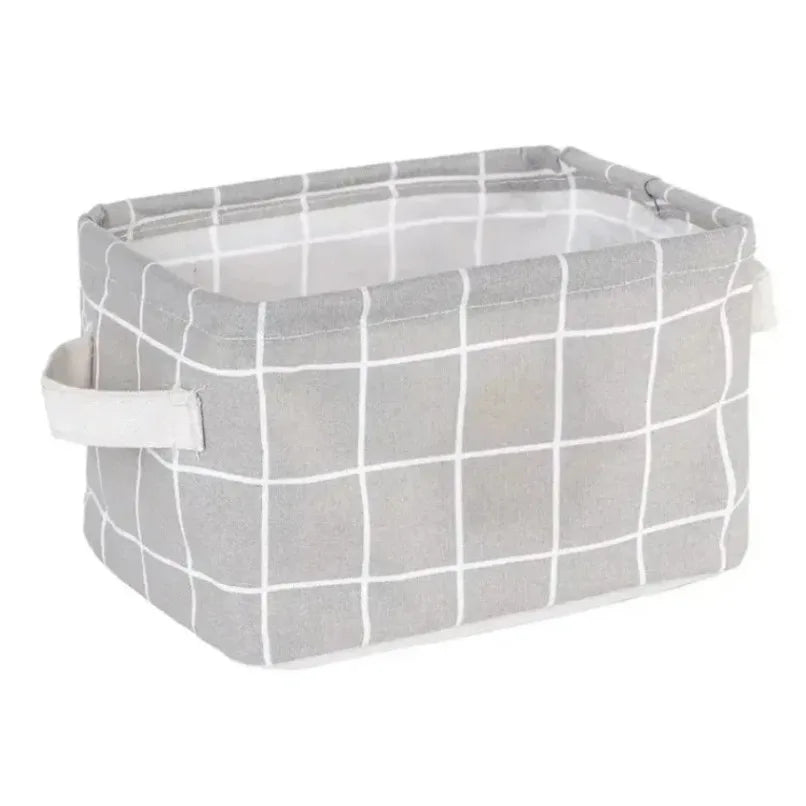 Collapsible Fabric Storage Basket Grid Pattern 20×16×14 cm Foldable Organizer Bin with Handle for Home Office Desk Drawer Closet