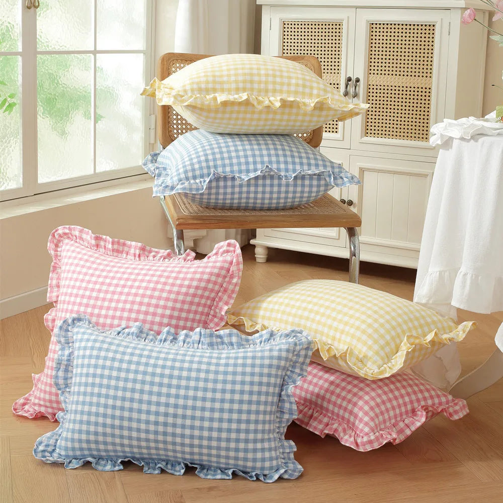 French-Style Ruffled Plaid Pillow Cover 45×45cm, Cotton-Polyester Knit Throw Cushion Case with Hidden Zipper, Decorative Sofa & Bed Pillowcase for Home, Bedroom & Living Room