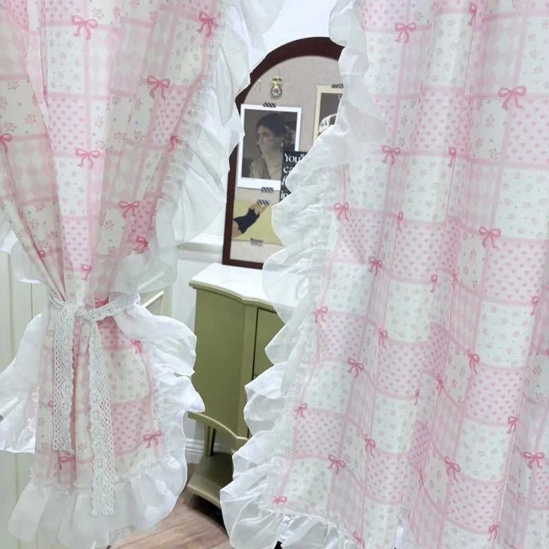 Cute Pink Bow Short Curtain, Small Decorative Dormitory & Bed Curtain, Jacquard Fabric Panel for Cabinet, Door, Window & Room Decor