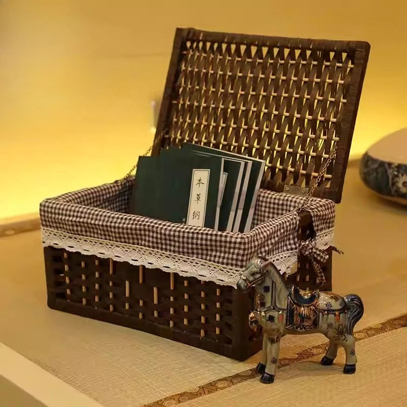 Handmade Woven Rattan Storage Basket with Lid Multipurpose Desktop Organizer Box Rectangular Bamboo Bin for Office Decor