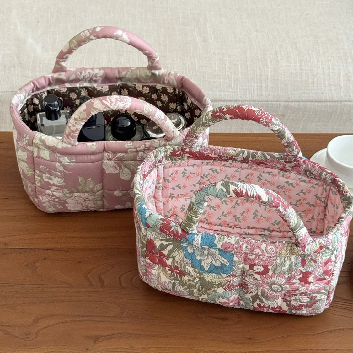 Desktop snack and miscellaneous items organizer basket, quilted fabric home storage basket, large garden series laundry basket