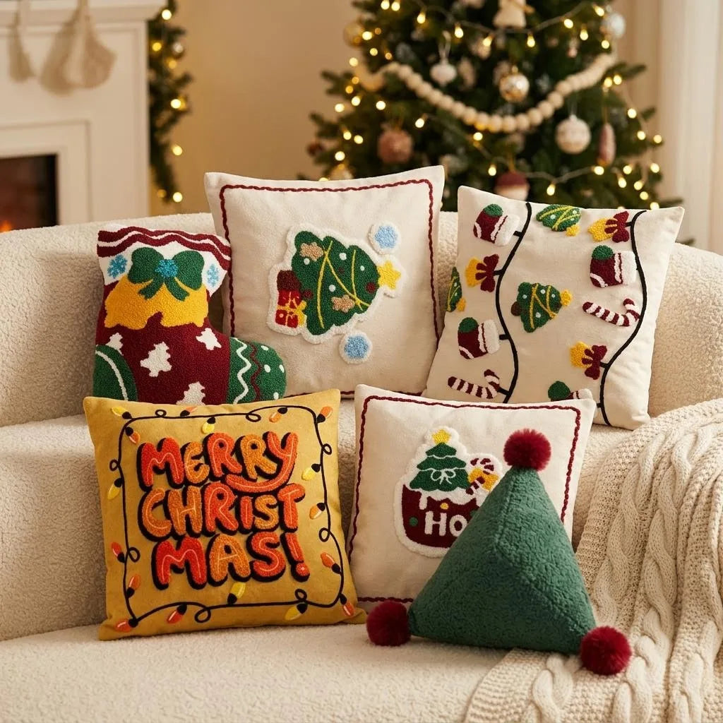 Christmas Embroidered Throw Pillow Cover 45×45cm – Festive Jacquard Cushion Case with Hidden Zipper for Sofa, Bed & Home Decor
