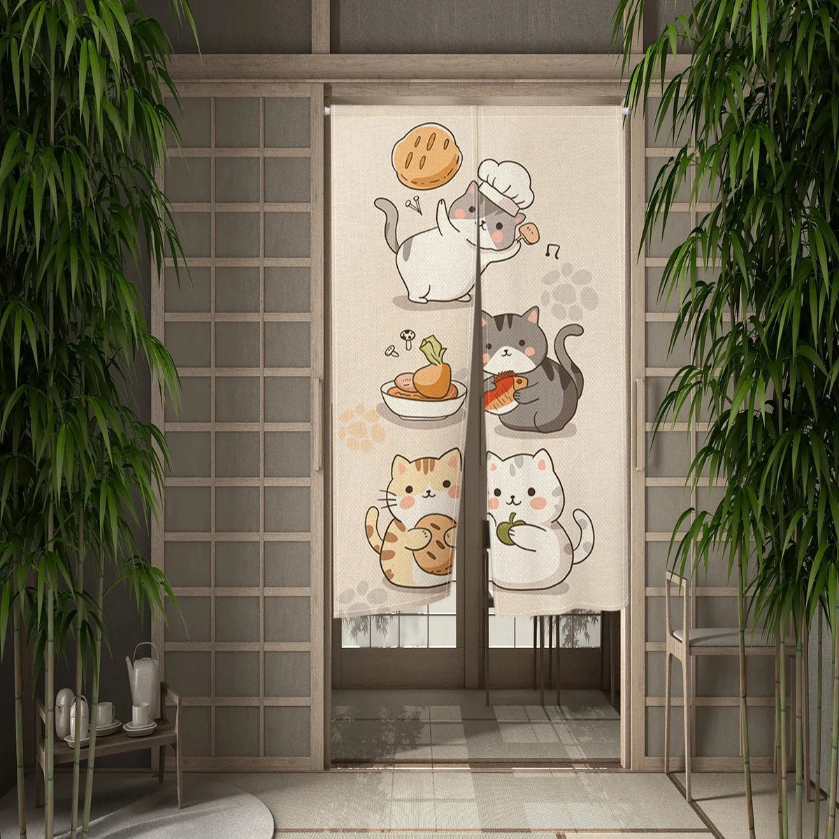 Cute Cat Door Curtain, Cartoon Printed Short Door Curtain for Kitchen & Dining Room, 1-Panel Polyester Room Divider for Home, Cafe & Office Decor