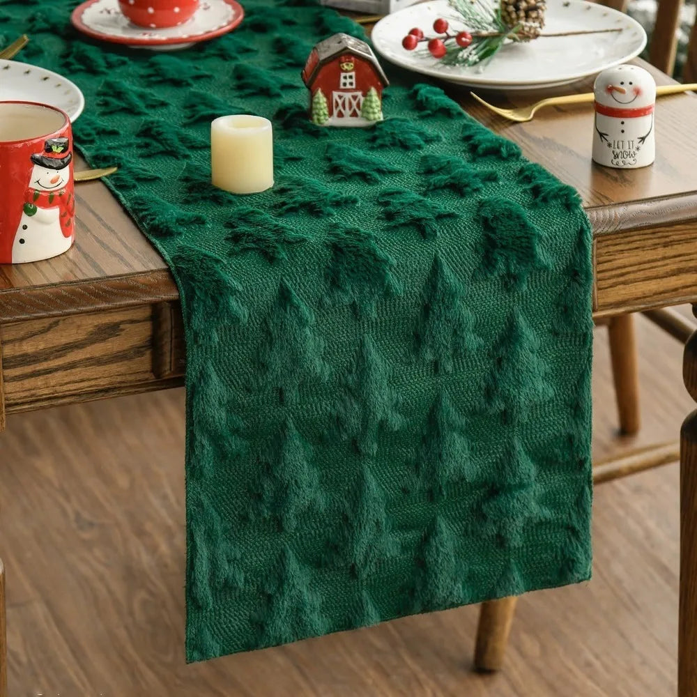 Christmas Tree Table Runner 33×183cm – Plush Embroidered & Embossed Table Cover for Dining Table, Holiday & Festive Home Decor