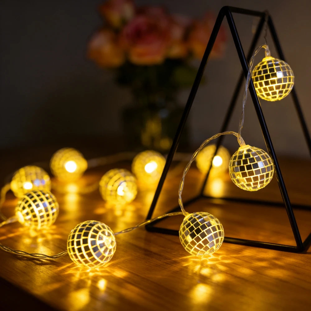 LED Mirror Ball String Lights, Battery-Powered Disco Fairy Lights with Reflective Balls for Party, Bar, Halloween, Christmas & Holiday Decor