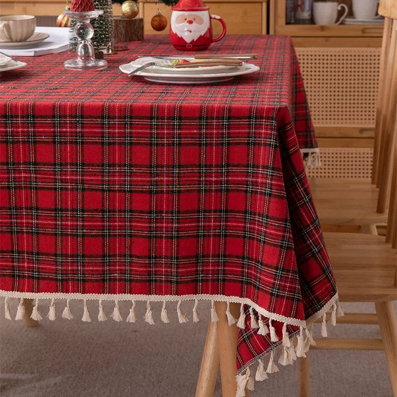 Christmas Red Plaid Tablecloth, Woven Polyester Table Cover, Red & Green Holiday Dining Tablecloth for Home, Party, Wedding, Banquet & Seasonal Decor