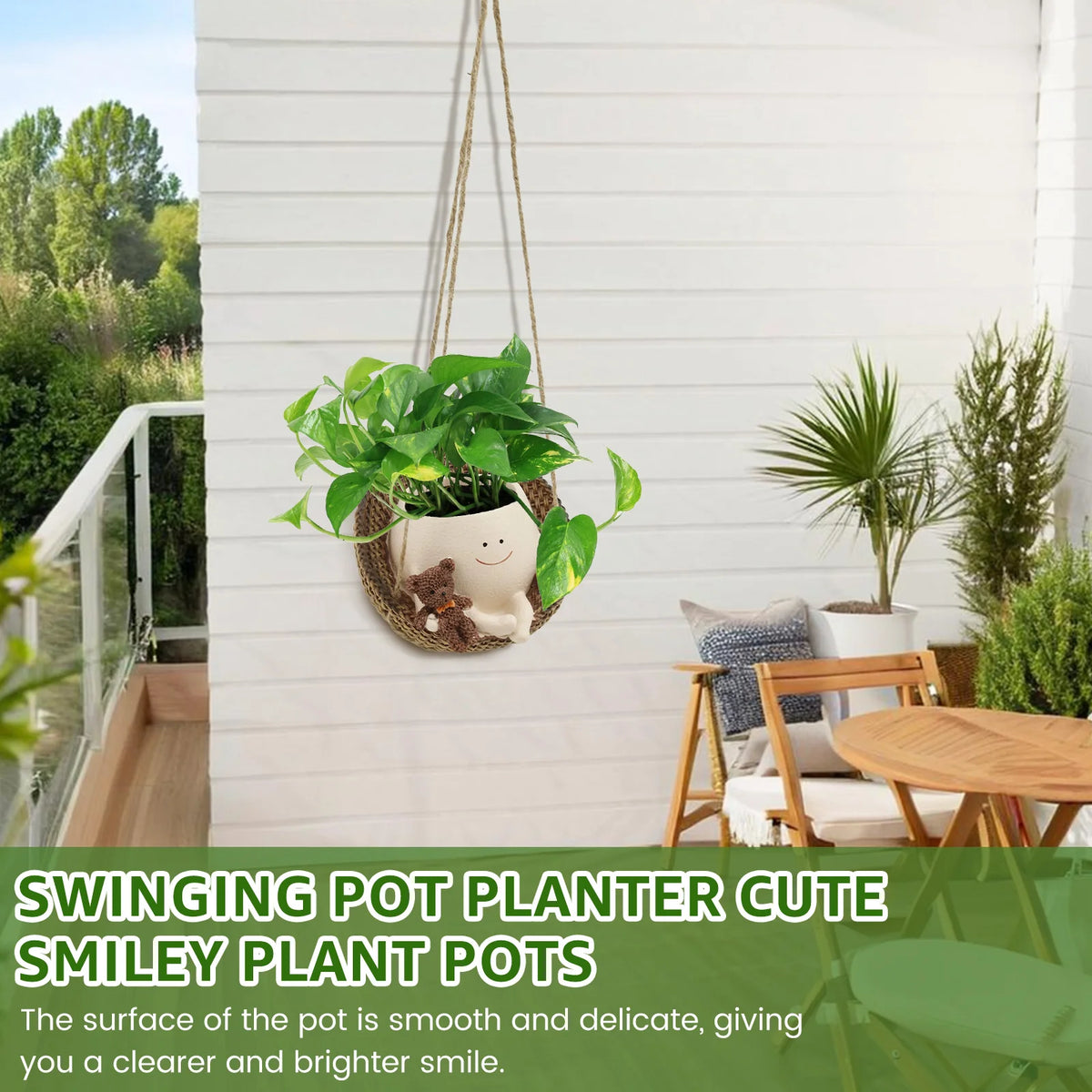 Cute Face Hanging Planter Pot, Swinging Succulent Pot with Drainage Hole, Resin Hanging Plant Holder with Rope & Hook for Indoor, Outdoor, Garden & Home Decor