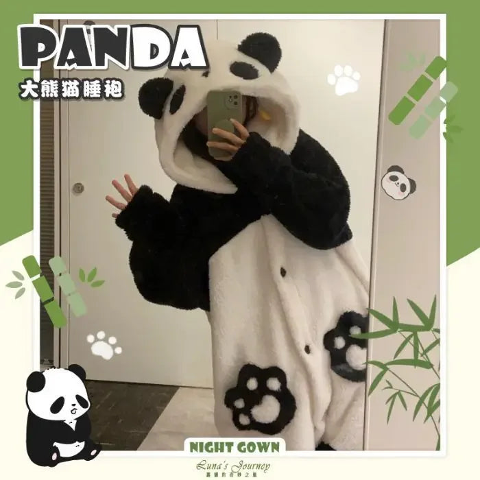 Pajama Kigurumi Cosplay Party Costume Loungewear Cartoon Panda Long Robe Jumpsuit Winter Women Thicken Coral Fleece Homewear