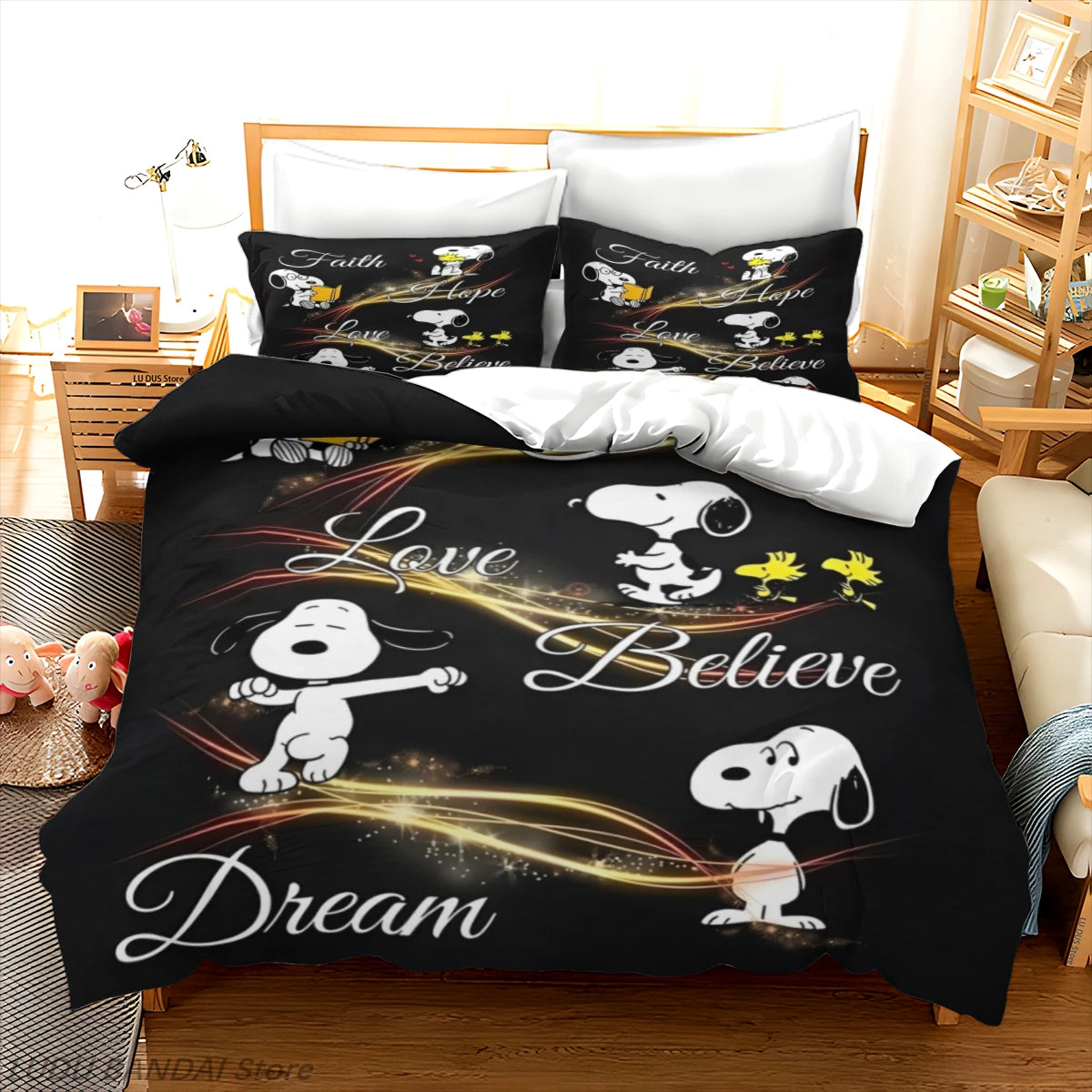 Snoopy Cartoon Bedding Set – Cute Printed Duvet Cover & Quilt Cover with Pillowcases, 3-Piece Twin Bedding Set