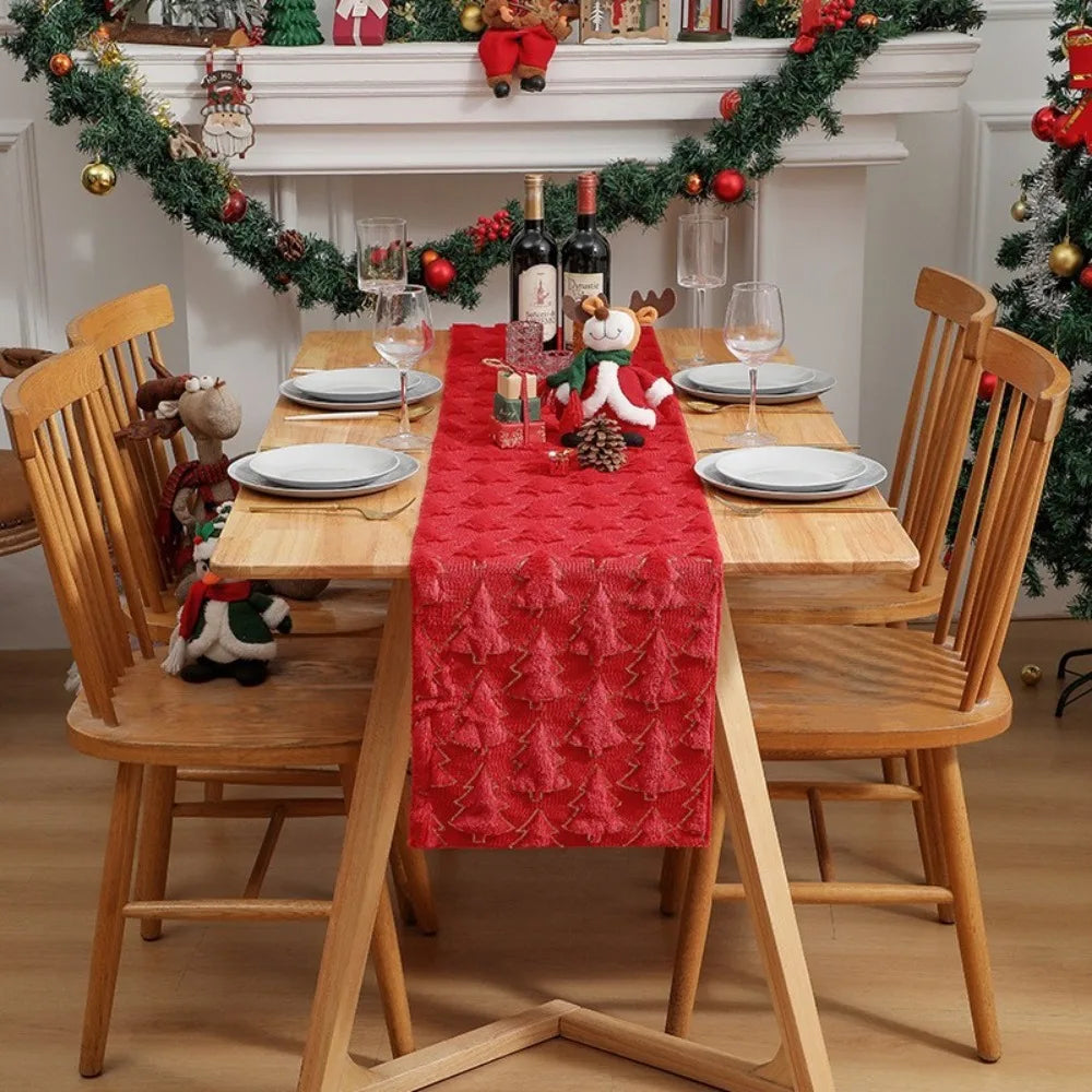 Christmas Tree Table Runner 33×183cm – Plush Embroidered & Embossed Table Cover for Dining Table, Holiday & Festive Home Decor