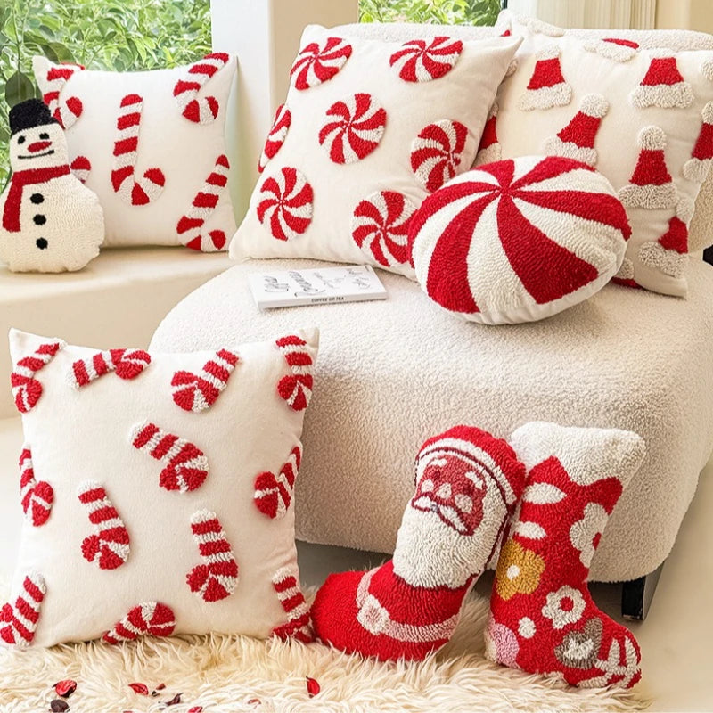 3D Tufted Christmas Cushion Cover – Soft Embroidered Holiday Throw Pillow Case, Red & White Xmas Decor for Sofa, Couch & Car