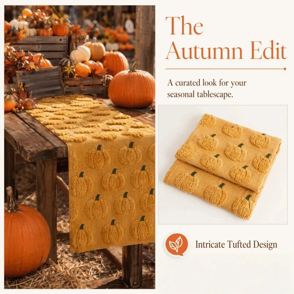 Halloween Pumpkin Table Runner 33×183cm, Soft 3D Tufted Polyester Table Cover, Rectangular Fall Dining Table Decor for Halloween Party, Kitchen & Home
