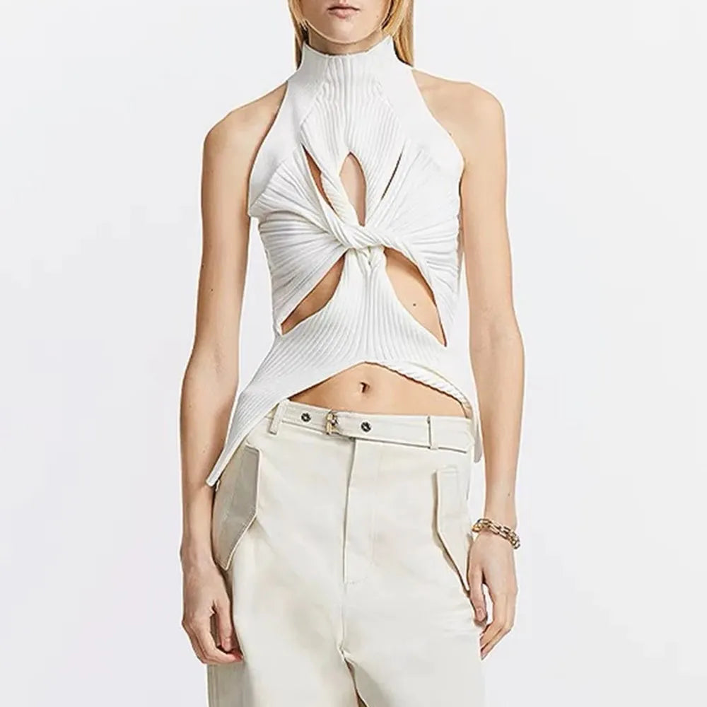 TWOTWINSTYLE Solid Hollow Out Knitting Tank Tops For Women Turtleneck Sleeveless Off Shoulder Slim Vests Female Fashion Clothing