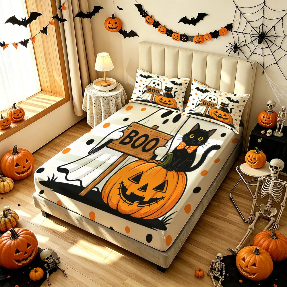 3-Piece Halloween Duvet Cover Set – Ghost, Black Cat, Pumpkin & Bat Printed Bedding with Pillowcases, Spooky Bedroom Decor