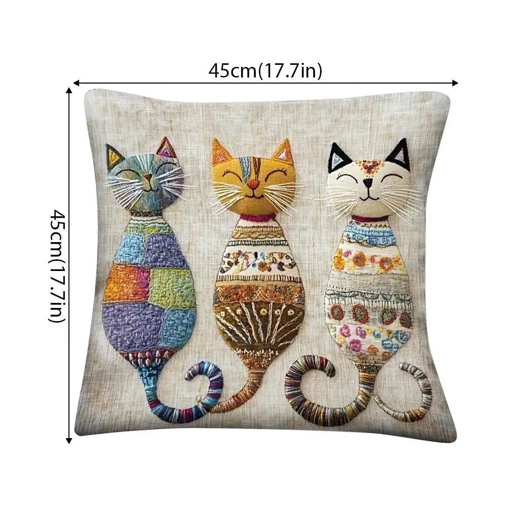 Cute Cat Pillow Cover 45×45cm, 2D Printed Three-Cat Cushion Case, Soft Short Plush Decorative Pillowcase for Sofa, Bed, Chair, Bedroom & Living Room Decor