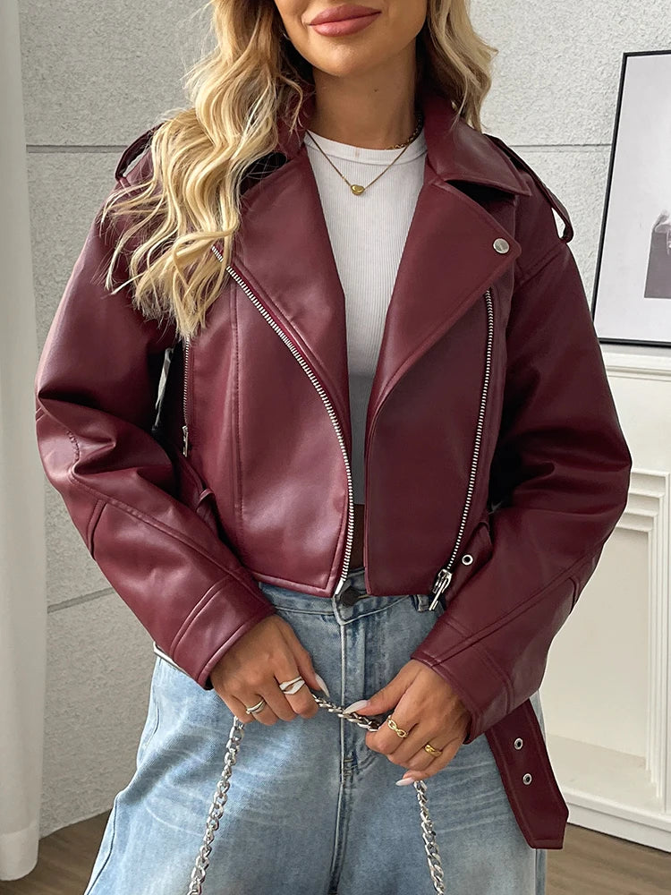 Women's Cropped Burgundy Faux Leather Moto Jacket - Belted PU Leather Biker Jacket