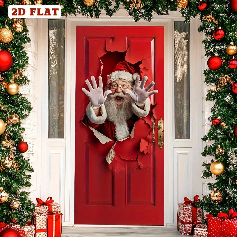 Christmas Door Hanging Banner, 2D Santa Claus Polyester Backdrop with Fun Christmas Designs, Festive Party Wall Decor for Home, Garden, Entryway & Holiday Celebrations