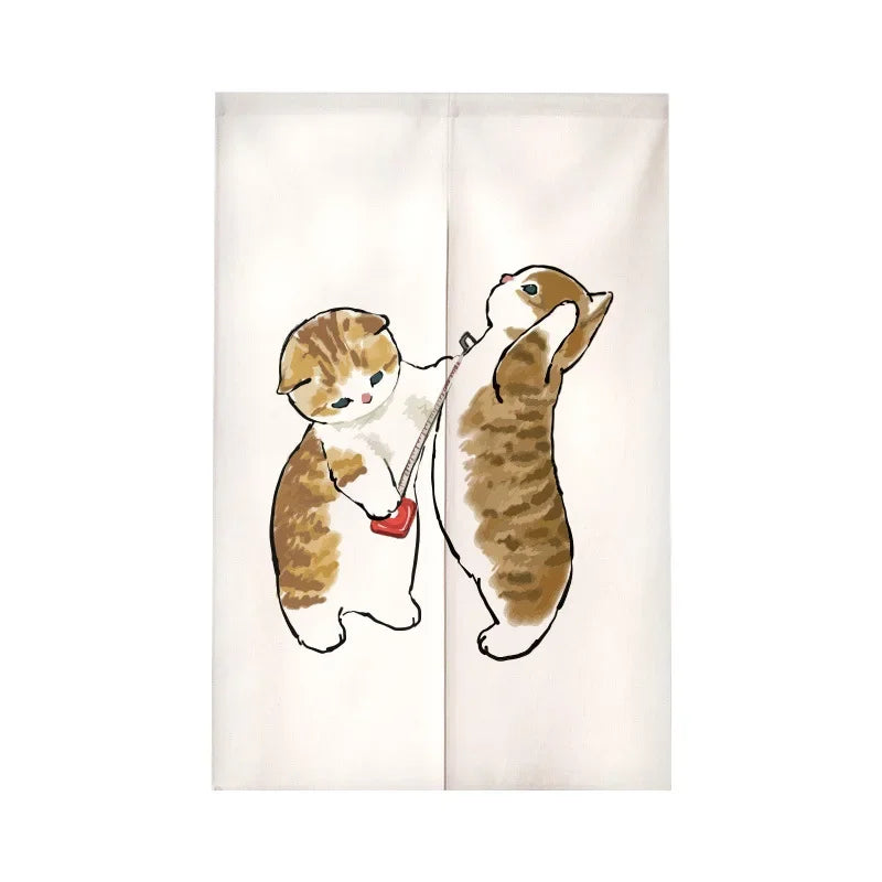 Funny Cat Japanese Noren Door Curtain, Cute Cartoon Hanging Half Curtain for Kitchen, Living Room & Restaurant, Polyester Room Divider for Doorway & Entrance Decor