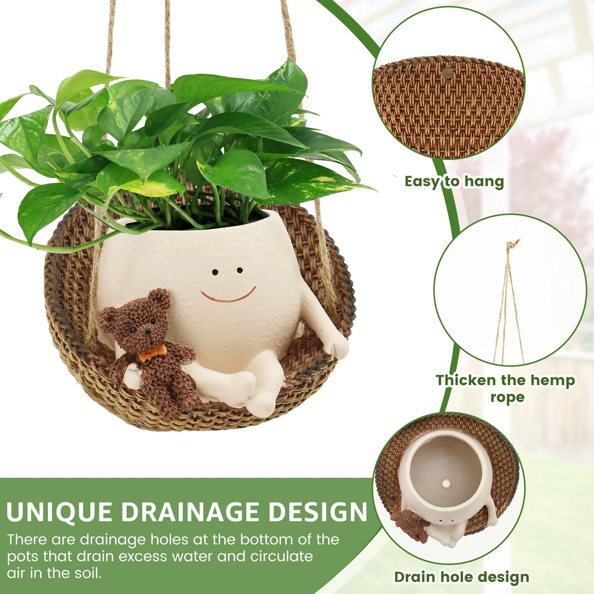 Cute Face Hanging Planter Pot, Swinging Succulent Pot with Drainage Hole, Resin Hanging Plant Holder with Rope & Hook for Indoor, Outdoor, Garden & Home Decor