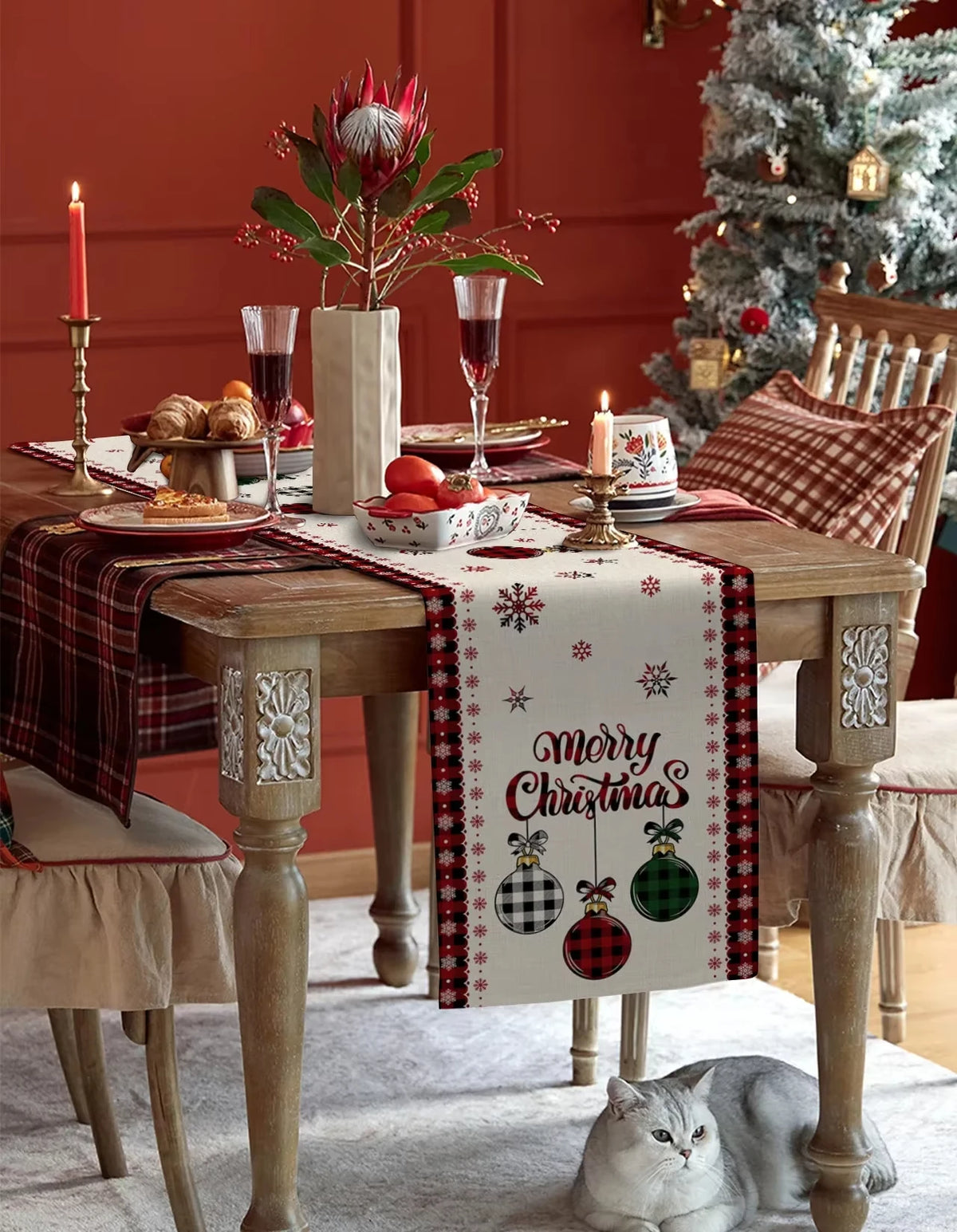 Christmas Plaid Table Runner with Snowflake & Ornament Design, Merry Christmas Holiday Table Decor, Festive Polyester Dining Table Accent for Home, Party & Winter Decor