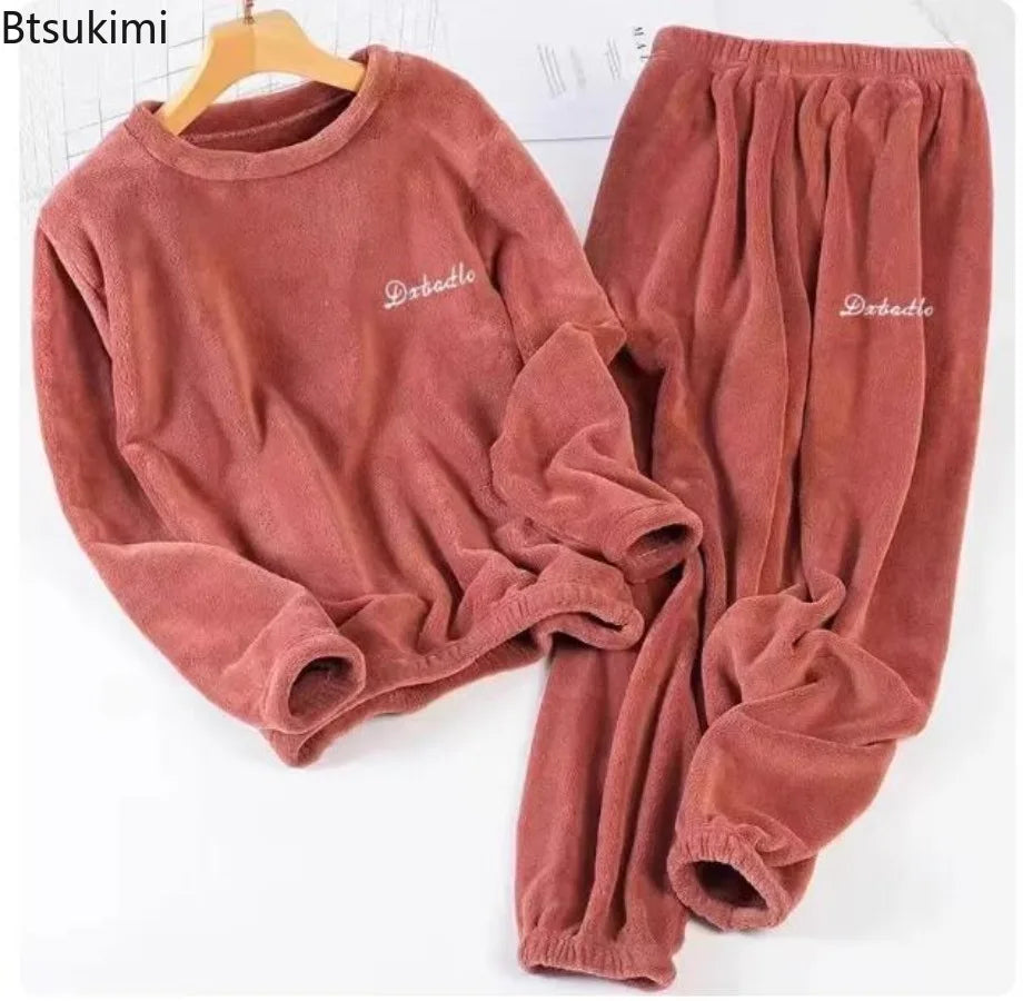 2026 Autumn Winter Couple Pajamas Sets Casual Warm Flannel Pajamas Loose O-neck Tops+Pants Men and Women Sleepwear Two Piece Set