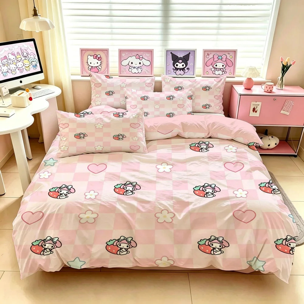 Sanrio Hello Kitty Bedding Set – Cute Cartoon Printed Duvet Cover & Pillowcase, Soft Polyester-Cotton Bed Linen for Girls, Dorm & Home