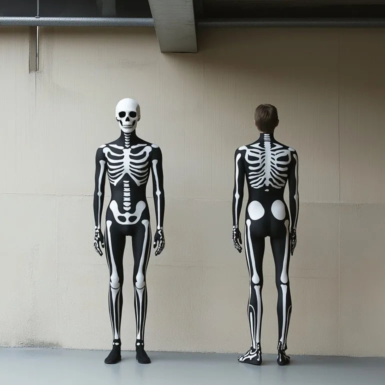 Halloween Skeleton Costume Adult Men Women Skull Death Horror Bodysuit Steampunk Skeleton Cosplay Jumpsuit Mask Zentai Suit