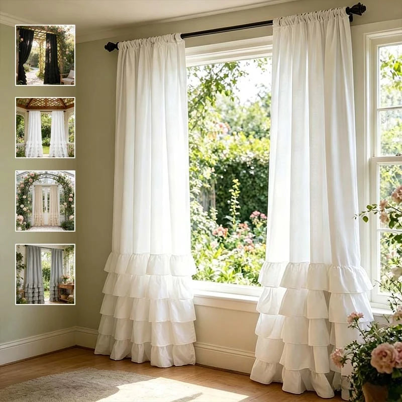 Pleated Ruffled Sheer Curtains 1–2pcs, Soft Layered Lace-Style Polyester Drapes with French Romantic Design, Privacy Light-Filtering Curtains for Living Room, Bedroom & Door