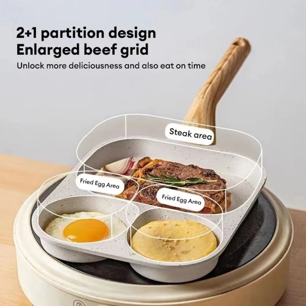 3-in-1 Nonstick Breakfast Frying Pan – Multi-Section Aluminum Egg & Breakfast Skillet with Wooden Handle, 22 × 19cm