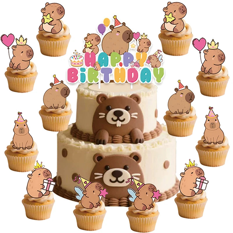 Capybara Cake Toppers – Cute Cartoon Animal Cupcake Decorations for Birthday, Baby Shower & Party Supplies
