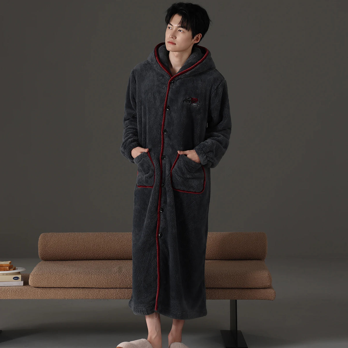 Couple Hooded Coral Fleece Pajama Set Thick Warm Sleepwear Female and Male Soft Coral Velvet Robe