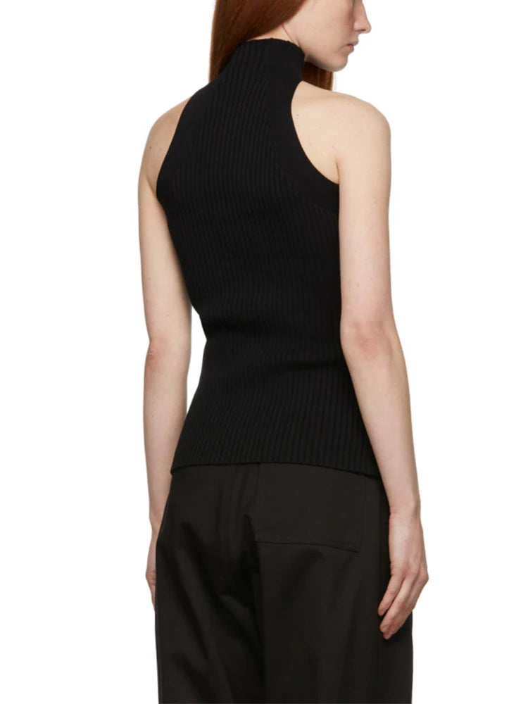 TWOTWINSTYLE Solid Hollow Out Knitting Tank Tops For Women Turtleneck Sleeveless Off Shoulder Slim Vests Female Fashion Clothing