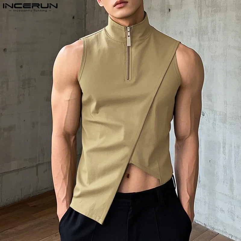 Men Tank Tops Sleeveless Streetwear INCERUN Casual Male Tops Tee Oversize Irregular Tops Zipper Summer Men's Clothing S-5XL