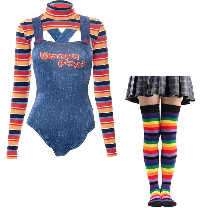 Halloween Costumes for Women Scary Nightmare Killer Doll Wanna Play Movie Character Chucky Doll Costume With Stockings