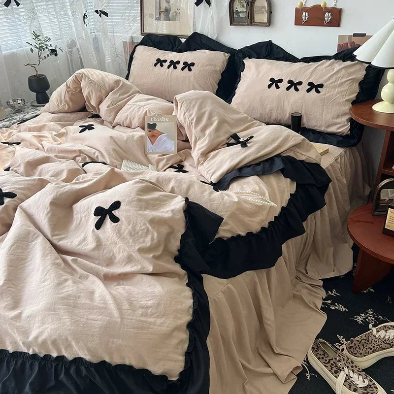 Black Bow Cotton Bedding Set – Princess Style Washed Cotton Duvet Cover with Embroidered Bow, Flat Sheet & Pillowcases