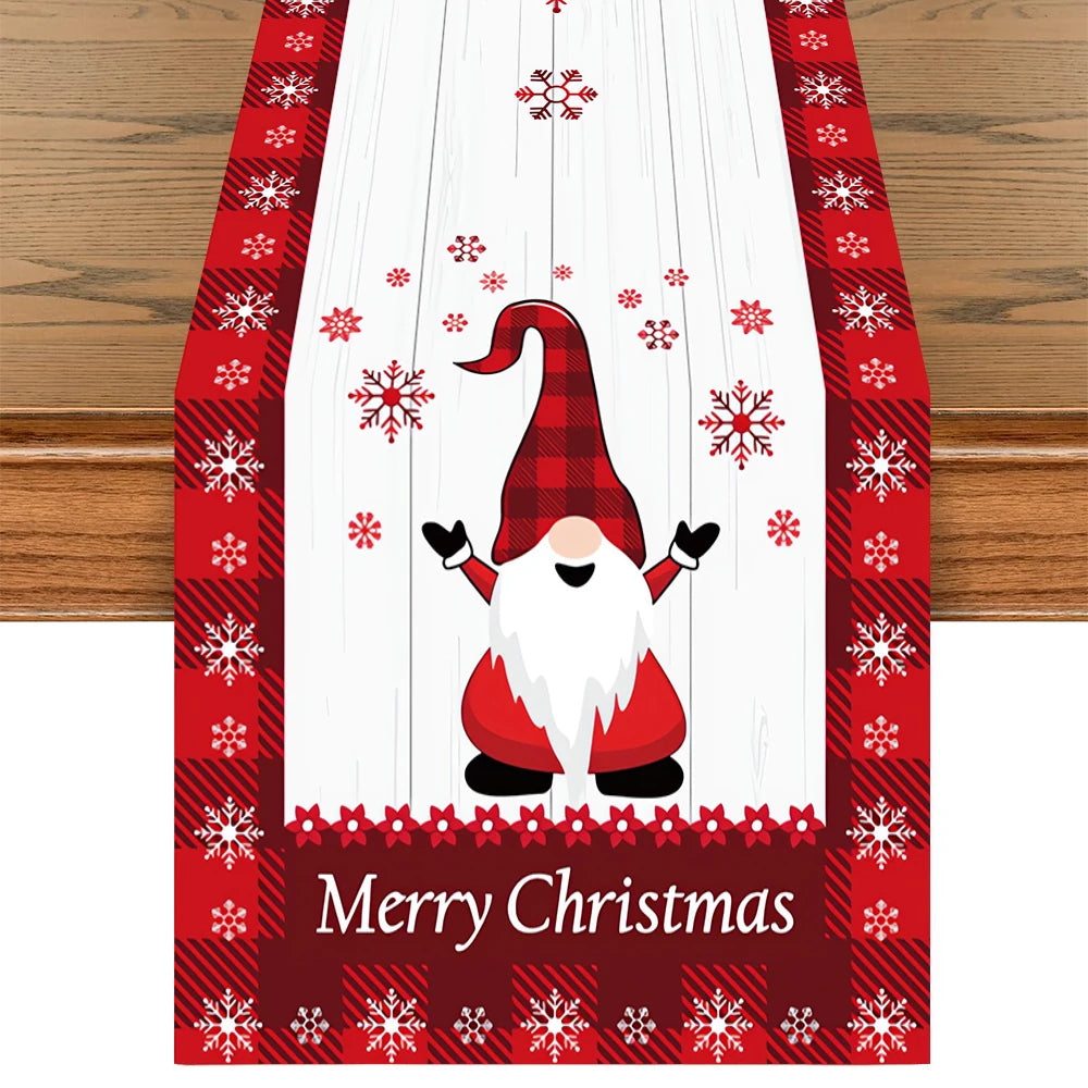 Christmas Table Runner, Buffalo Plaid Gnome Reindeer & Snowflake Holiday Table Decor, Merry Christmas Polyester Runner for Dining Table, Party & Home