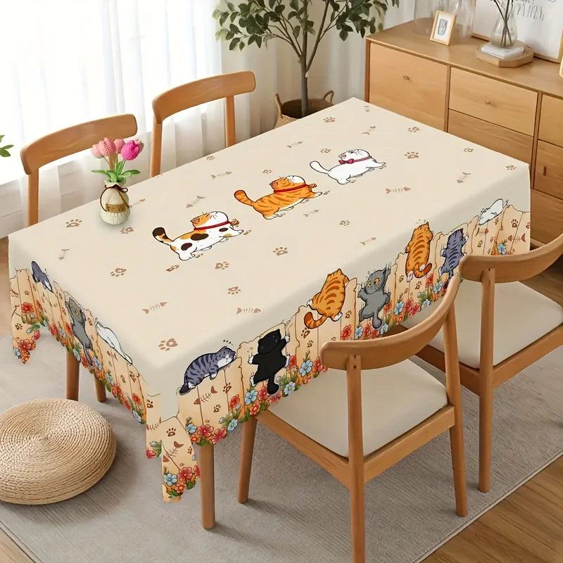 Cute Cat & Kitten Paw Print Tablecloth – Waterproof Reusable 100% Polyester Table Cover for Kitchen, Dining Room, Patio & Picnic