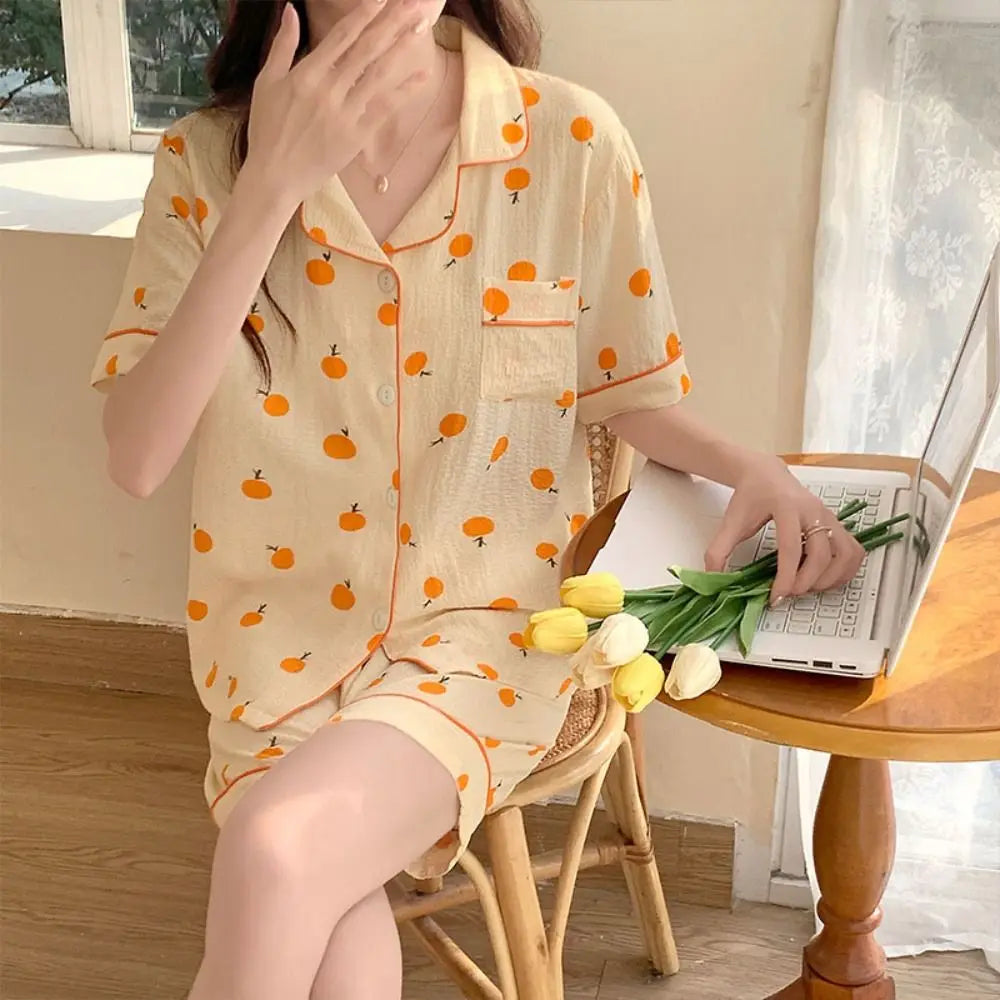 Fashion V-neck Fruits Pajamas Suit Loose Homewear Two Piece Nightwear Short-sleeves Sweet Women Short Sleepwear Summer Autumn