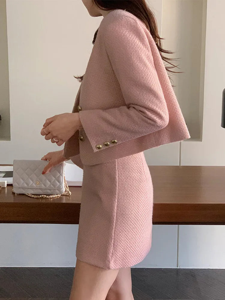 New Korean Fashion Tweed Two Piece Set For Women Autumn Winter Elegant