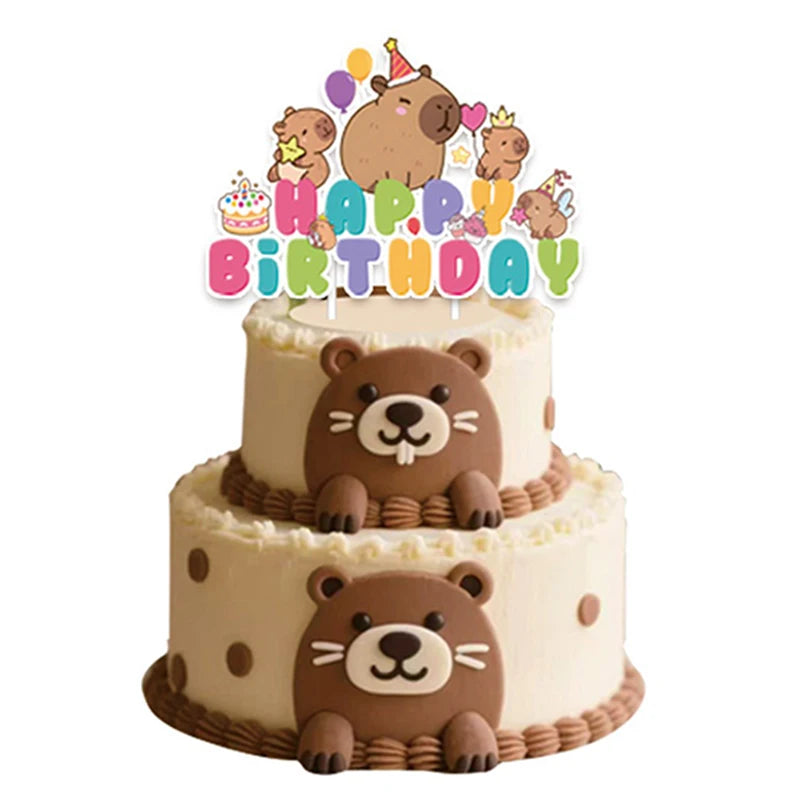 Cute Capybara Cake Toppers – Cartoon Animal Paper Cupcake Decorations for Kids’ Birthday, Baby Shower & Party