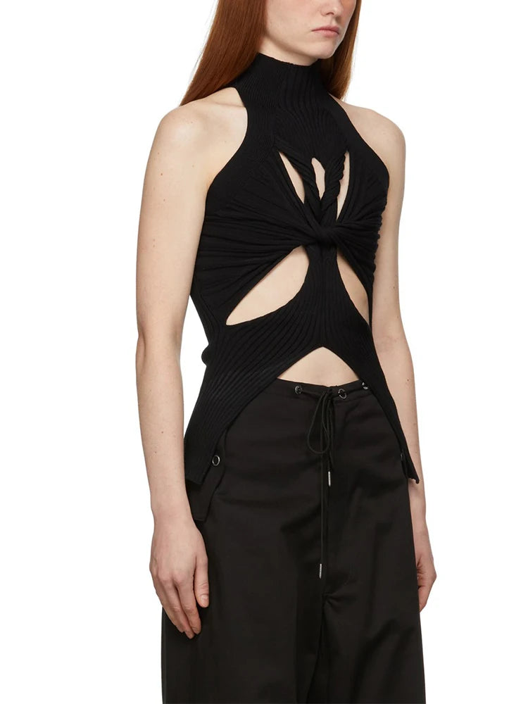 TWOTWINSTYLE Solid Hollow Out Knitting Tank Tops For Women Turtleneck Sleeveless Off Shoulder Slim Vests Female Fashion Clothing